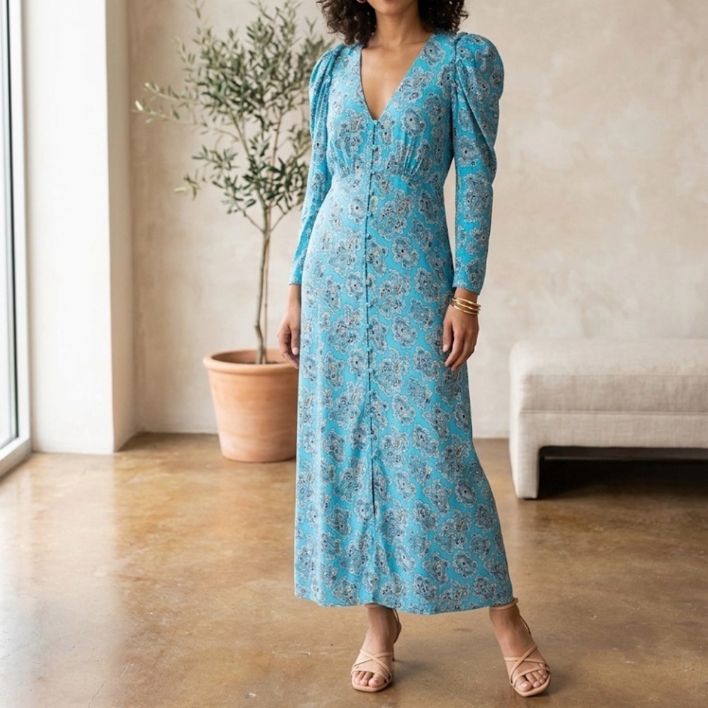J. Crew Turquoise Printed V-Neck Long Sleeve Maxi Dress size 4